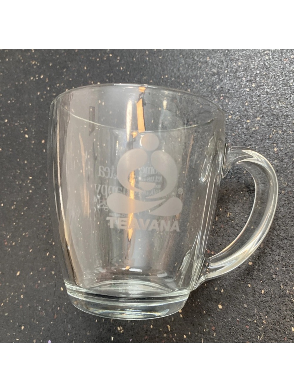 Starbucks Teavana Glass Etched Mug Monty Python "Make tea, not war" 4" Coffee (2